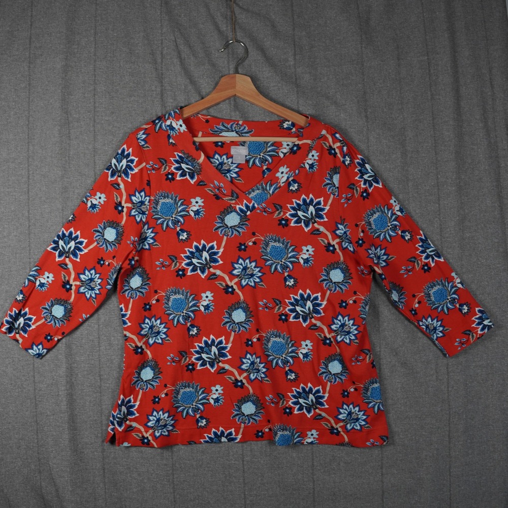Chico's XL Size 3 Red Floral‎ Pima Cotton V-Neck Top 3/4 Sleeve Botanical